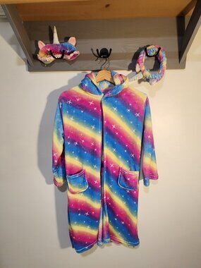 Girls Kids Unicorn Hooded Robe with Matching Headband & sleep mask